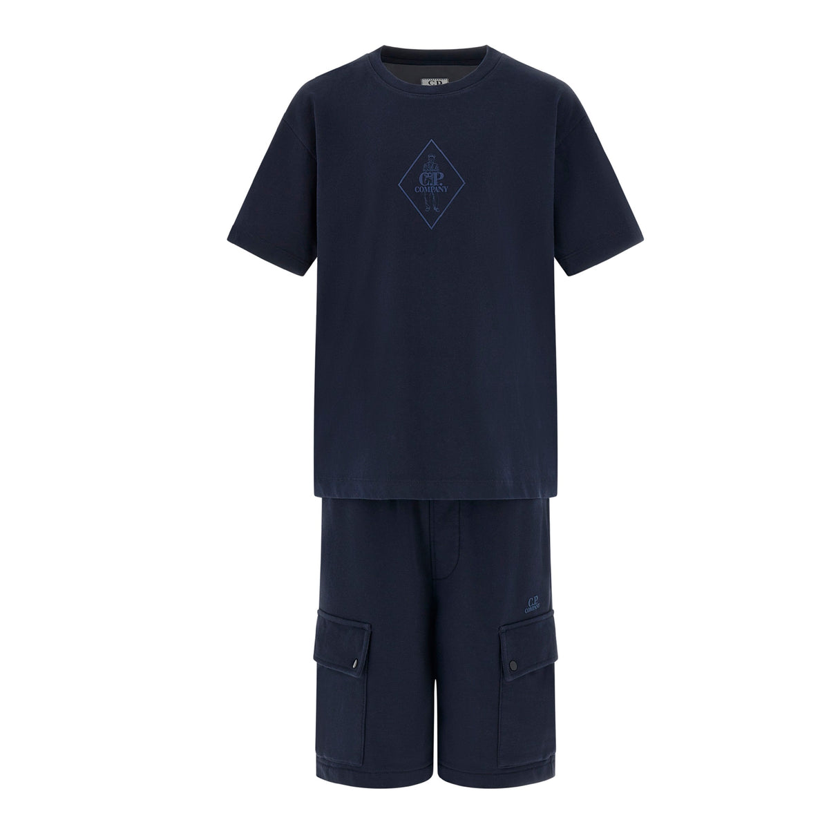 C.P. COMPANY Boys Cotton Jersey T-shirt and cargo shorts. Eclipse Blue