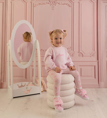 LITTLE A Perfectly Pink. The Polly legging set features a super comfy sweatshirt with classic branding, paired with all over bow print leggings. Pink Blossom