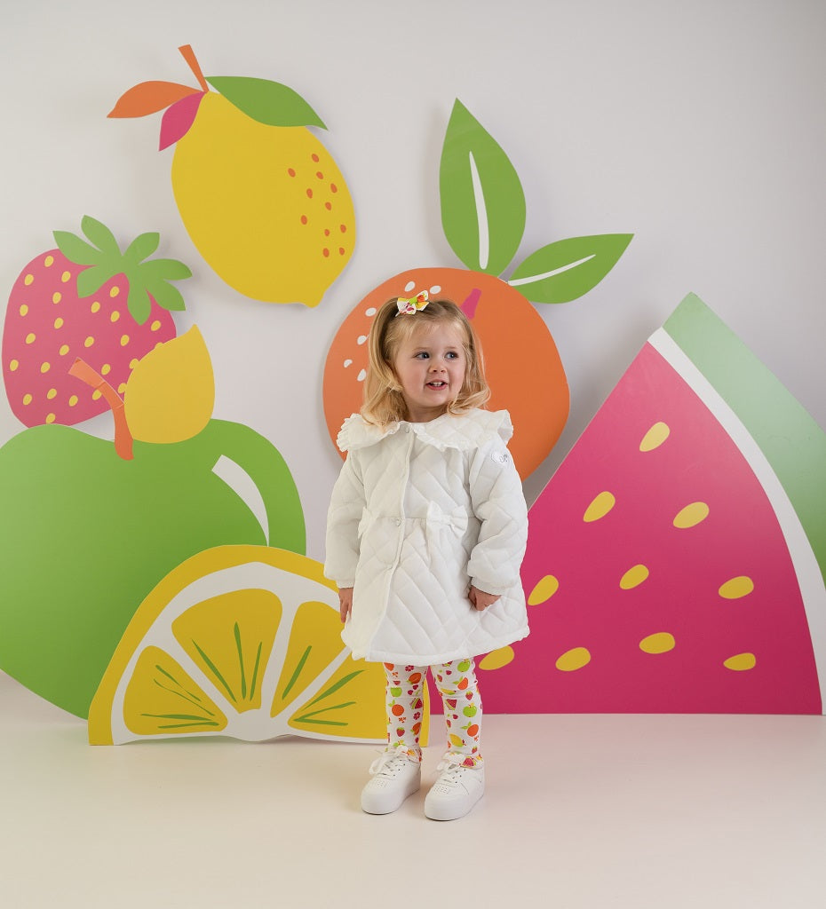 LITTLE A Cutie Frutti. The Penelope quilted jacket featurestwo beautiful applique bows, a pretty frilled collar and button up style.