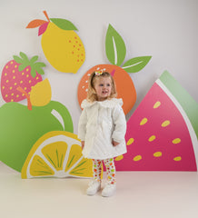 LITTLE A Cutie Frutti. The Penelope quilted jacket featurestwo beautiful applique bows, a pretty frilled collar and button up style.