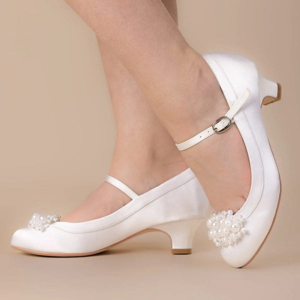 FAITH Girls White Satin Shoes with Pearl Brooch