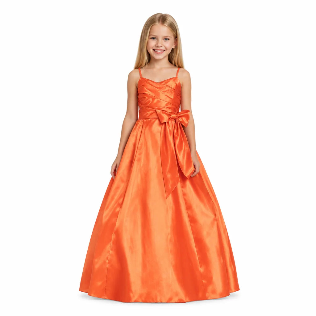Girls Orange Taffeta Dress. Full length dress pleated bodice with diamante stud detail, bow sash at side, zip fastening. Netting underskirt attached.