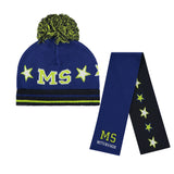 GRANT Knitted beanie with contrast logo and pom pom. Scarf Stars and logo knitted reversible scarf. Royal Blue