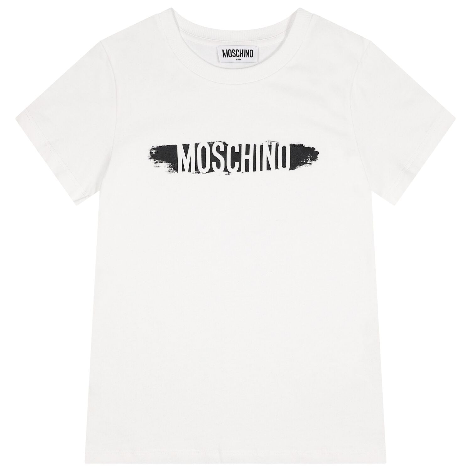 White T-shirt for boys and girls by the luxury Italian designer Moschino. Made from soft cotton jersey, it features the brand's logo print in white and black on the front.