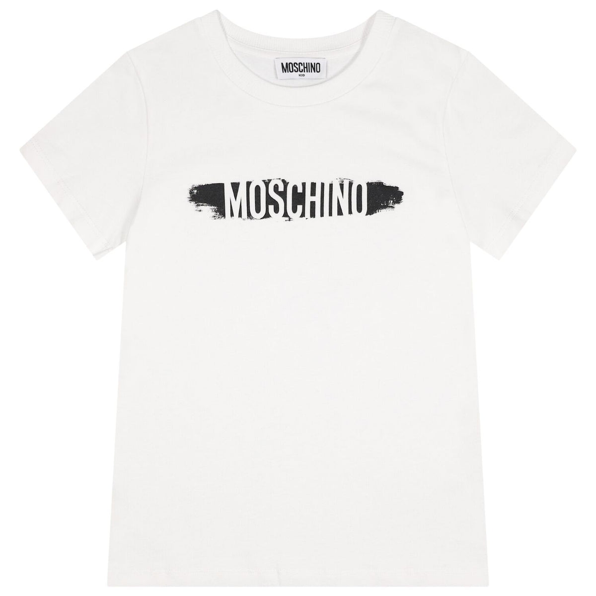 White T-shirt for boys and girls by the luxury Italian designer Moschino. Made from soft cotton jersey, it features the brand's logo print in white and black on the front.