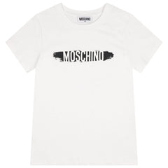 White T-shirt for boys and girls by the luxury Italian designer Moschino. Made from soft cotton jersey, it features the brand's logo print in white and black on the front.