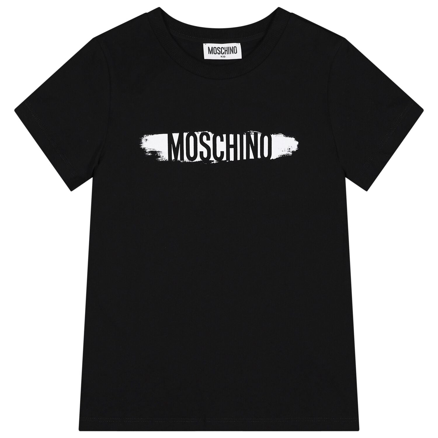 Black T-shirt for boys and girls by the luxury Italian designer Moschino. Made from soft cotton jersey, it features the brand's logo print in white and black on the front.