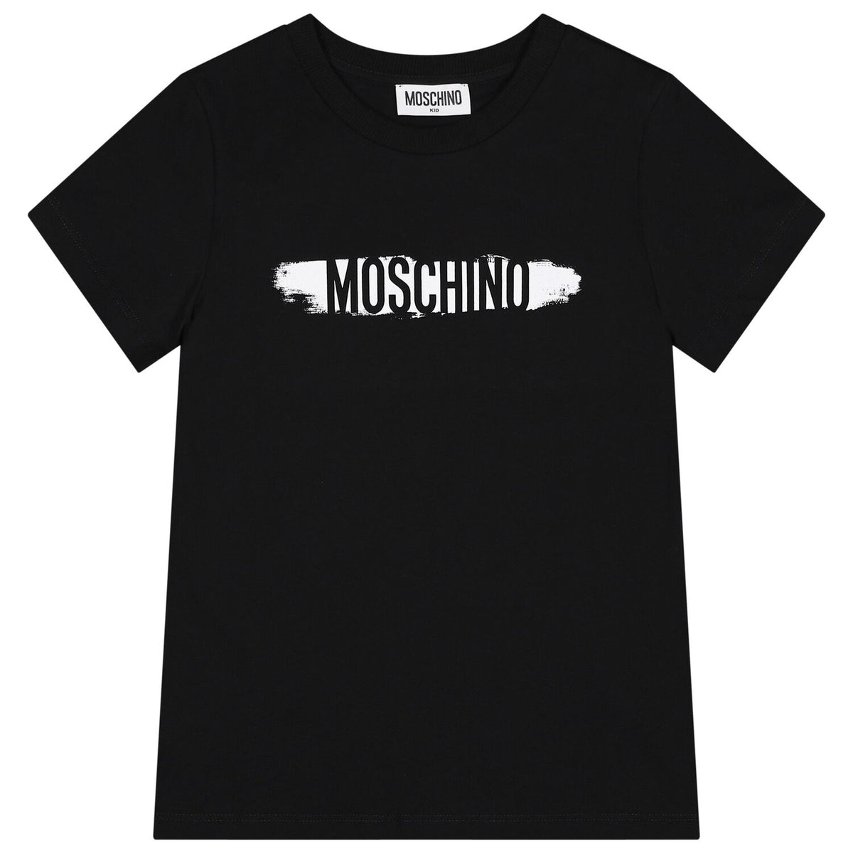 Black T-shirt for boys and girls by the luxury Italian designer Moschino. Made from soft cotton jersey, it features the brand's logo print in white and black on the front.