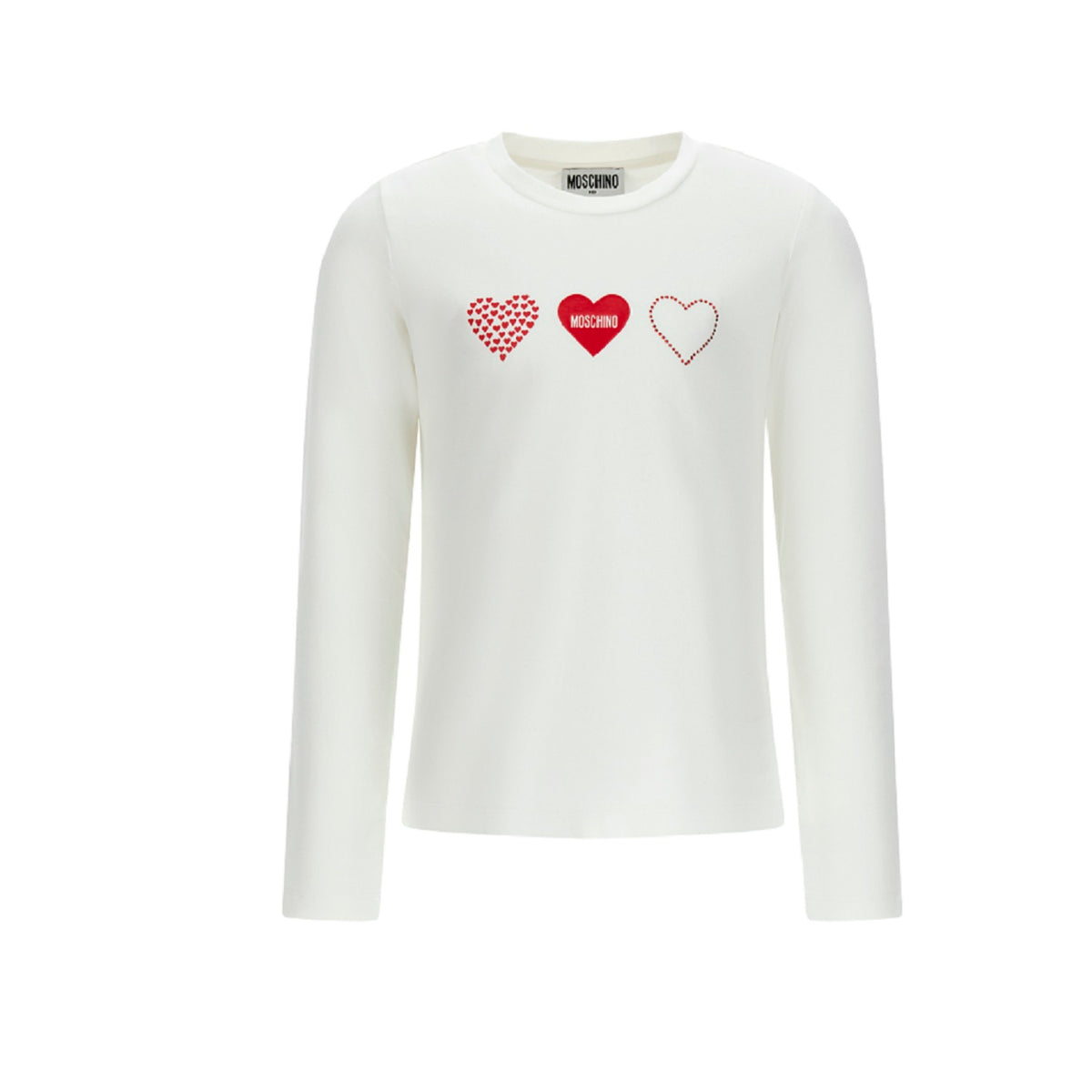 White T-shirt for girls by the luxury Italian designer Moschino. Made from soft cotton jersey, it features the heart print in red on the front. Designed with a ribbed neckline and short long sleeves for comfort and durability