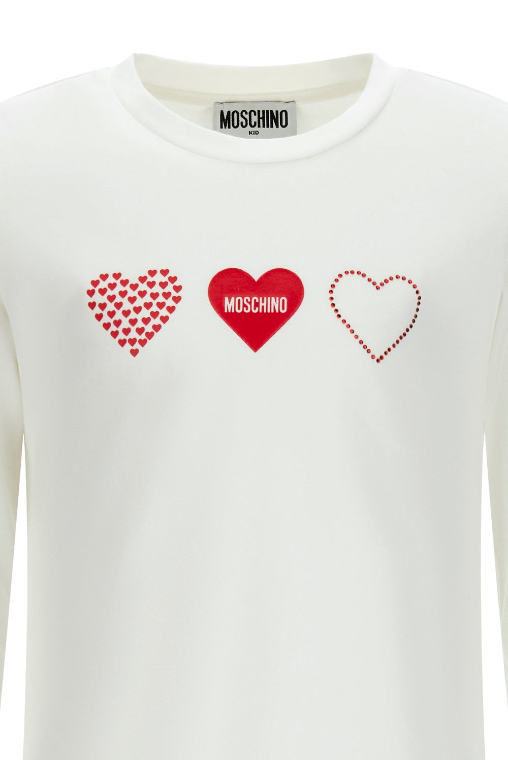 White T-shirt for girls by the luxury Italian designer Moschino. Made from soft cotton jersey, it features the heart print in red on the front. Designed with a ribbed neckline and short long sleeves for comfort and durability