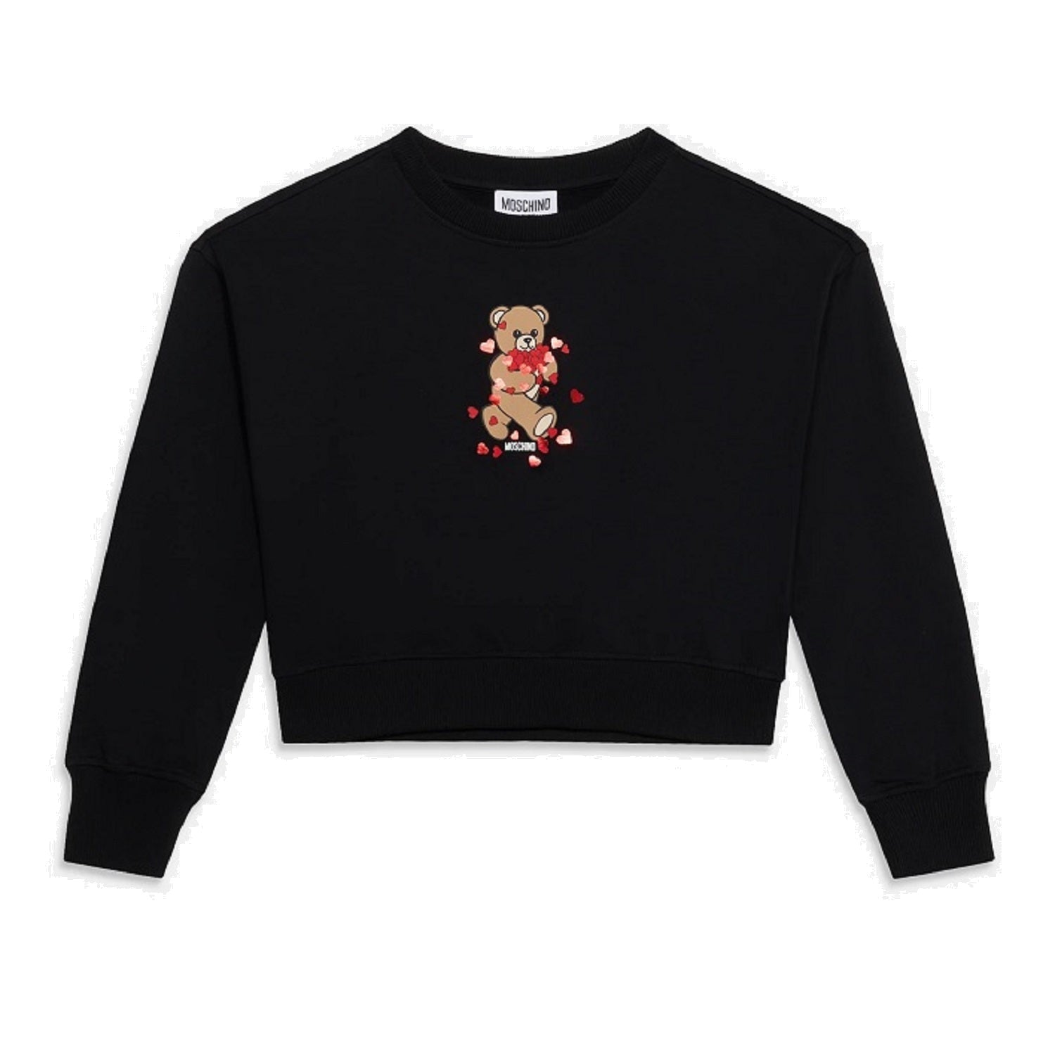 Black crewneck sweatshirt for girls by the luxury Italian designer Moschino. Made from soft cotton, features the brands iconic Teddy Bear with red hearts and logo print on the front.