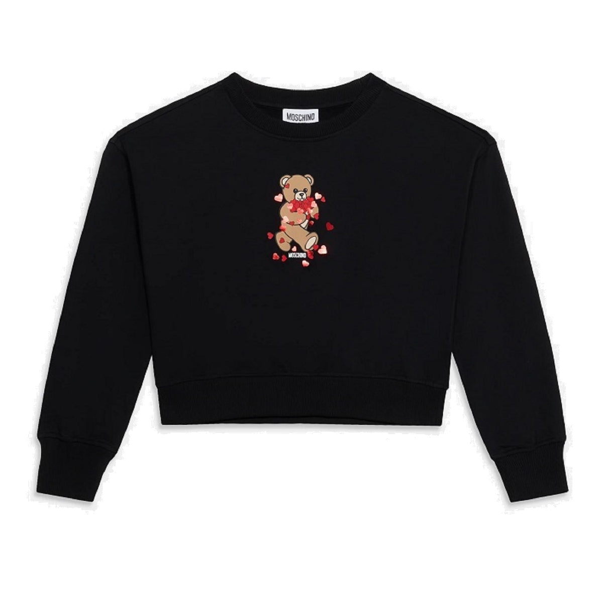 Black crewneck sweatshirt for girls by the luxury Italian designer Moschino. Made from soft cotton, features the brands iconic Teddy Bear with red hearts and logo print on the front.