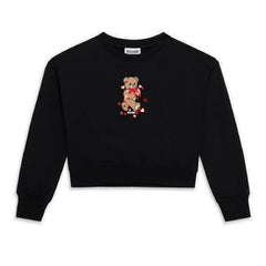 Black crewneck sweatshirt for girls by the luxury Italian designer Moschino. Made from soft cotton, features the brands iconic Teddy Bear with red hearts and logo print on the front.