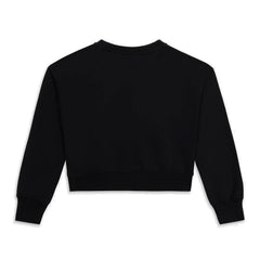 Black crewneck sweatshirt for girls by the luxury Italian designer Moschino. Made from soft cotton, features the brands iconic Teddy Bear with red hearts and logo print on the front.