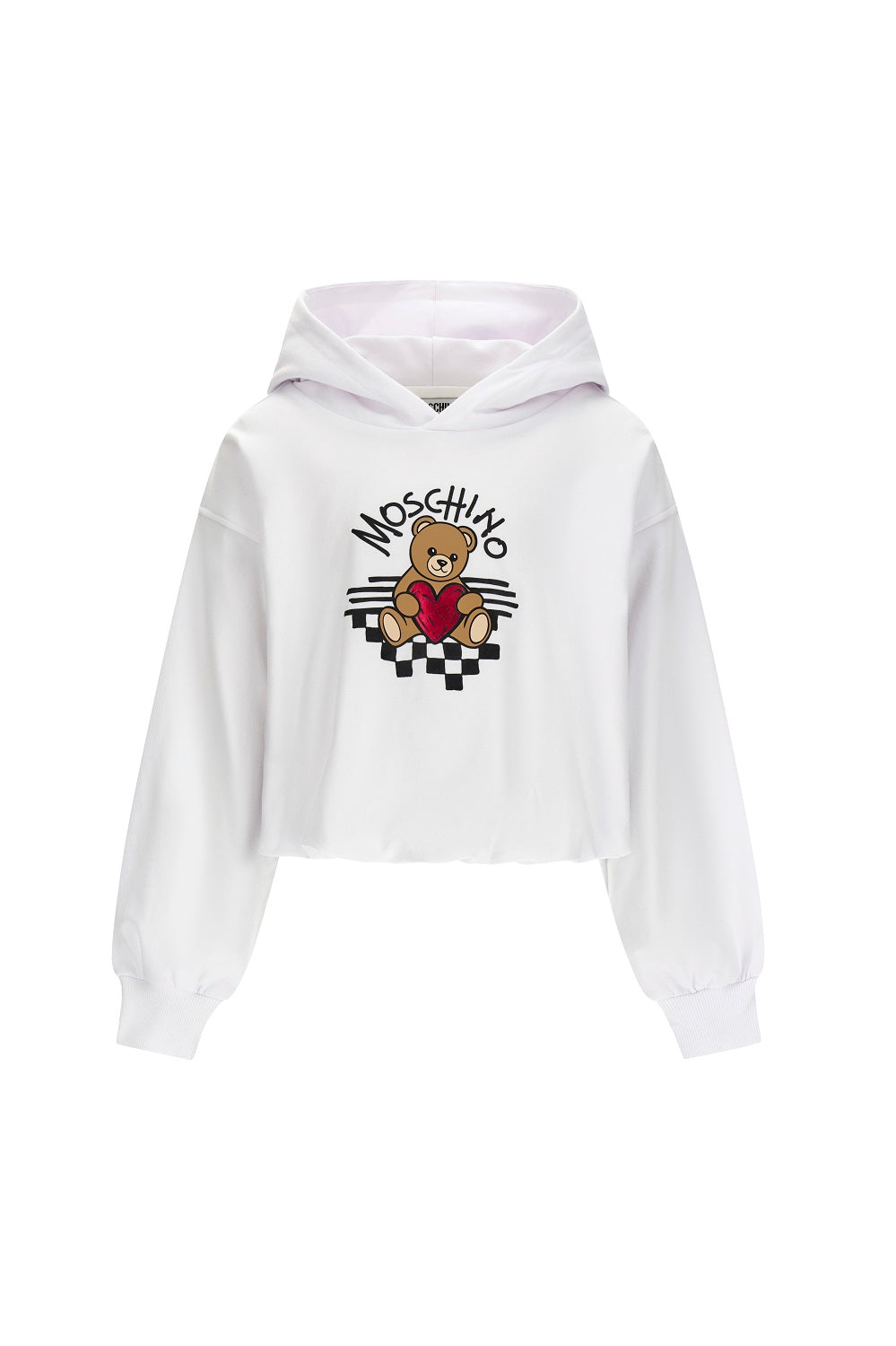 Optical white sweatshirt with hood for girls by the luxury Italian designer Moschino. Made from soft cotton, features the brands iconic Teddy Bear with red heart logo print on the front.