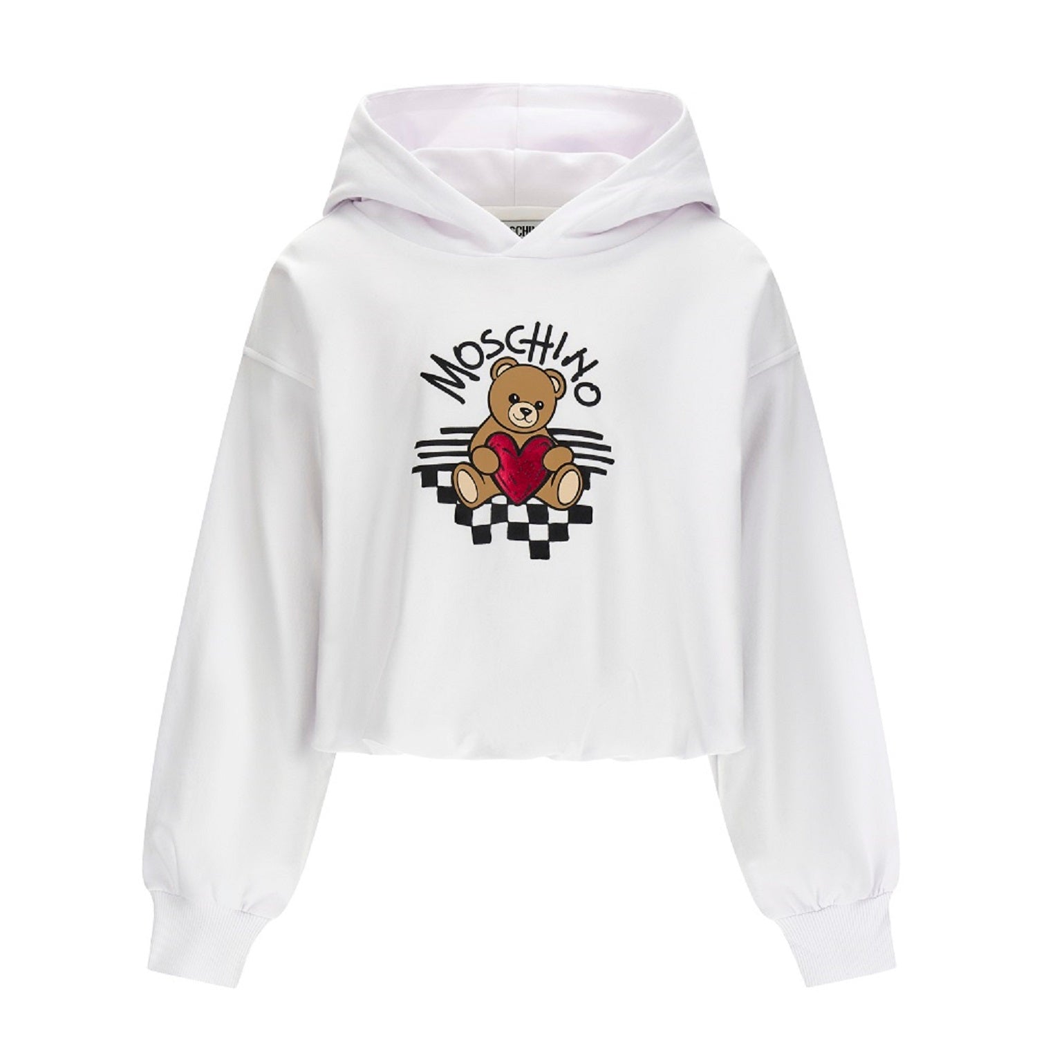 Optical white sweatshirt with hood for girls by the luxury Italian designer Moschino. Made from soft cotton, features the brands iconic Teddy Bear with red heart logo print on the front.
