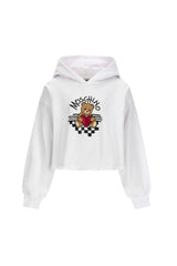 Optical white sweatshirt with hood for girls by the luxury Italian designer Moschino. Made from soft cotton, features the brands iconic Teddy Bear with red heart logo print on the front.