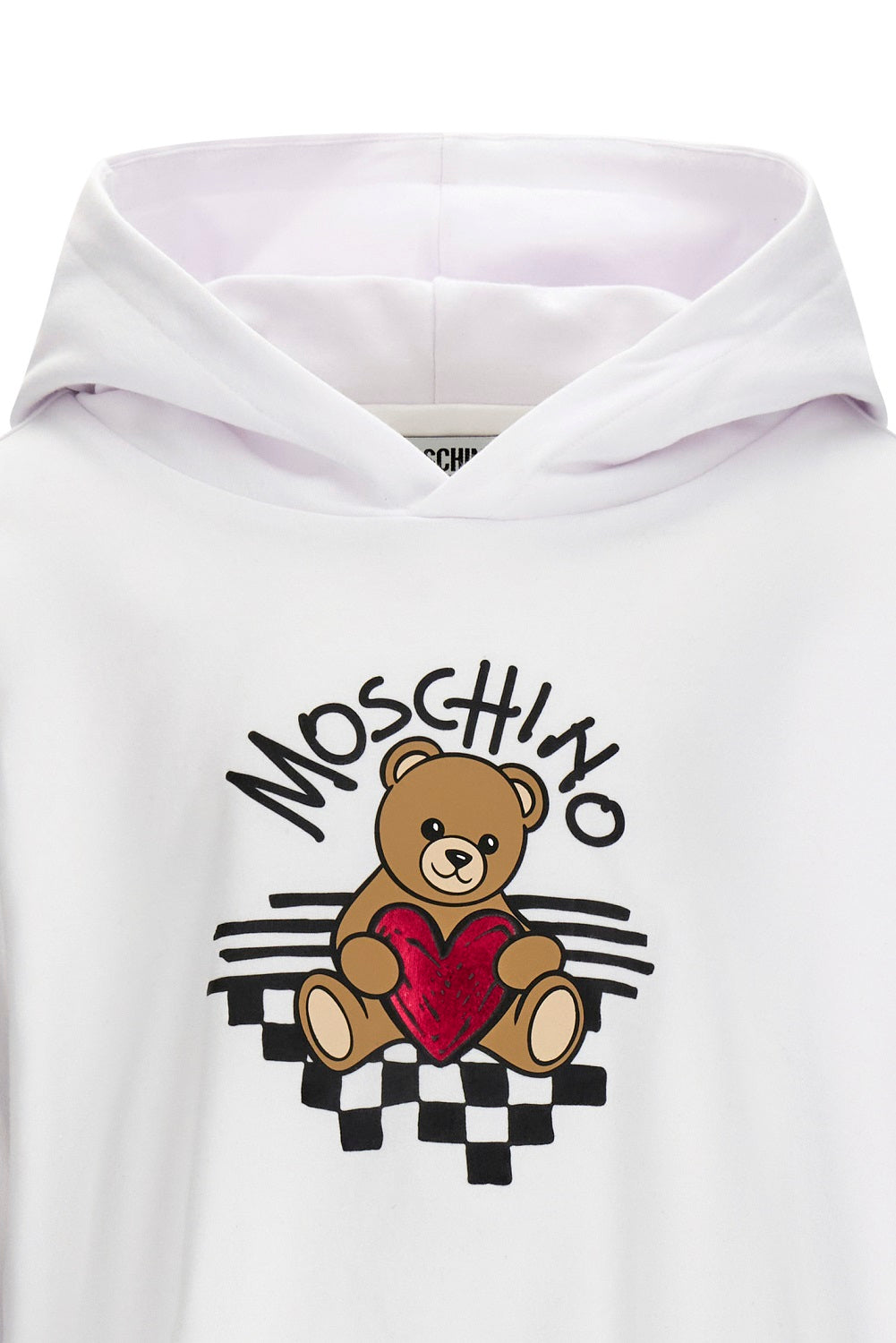 Optical white sweatshirt with hood for girls by the luxury Italian designer Moschino. Made from soft cotton, features the brands iconic Teddy Bear with red heart logo print on the front.