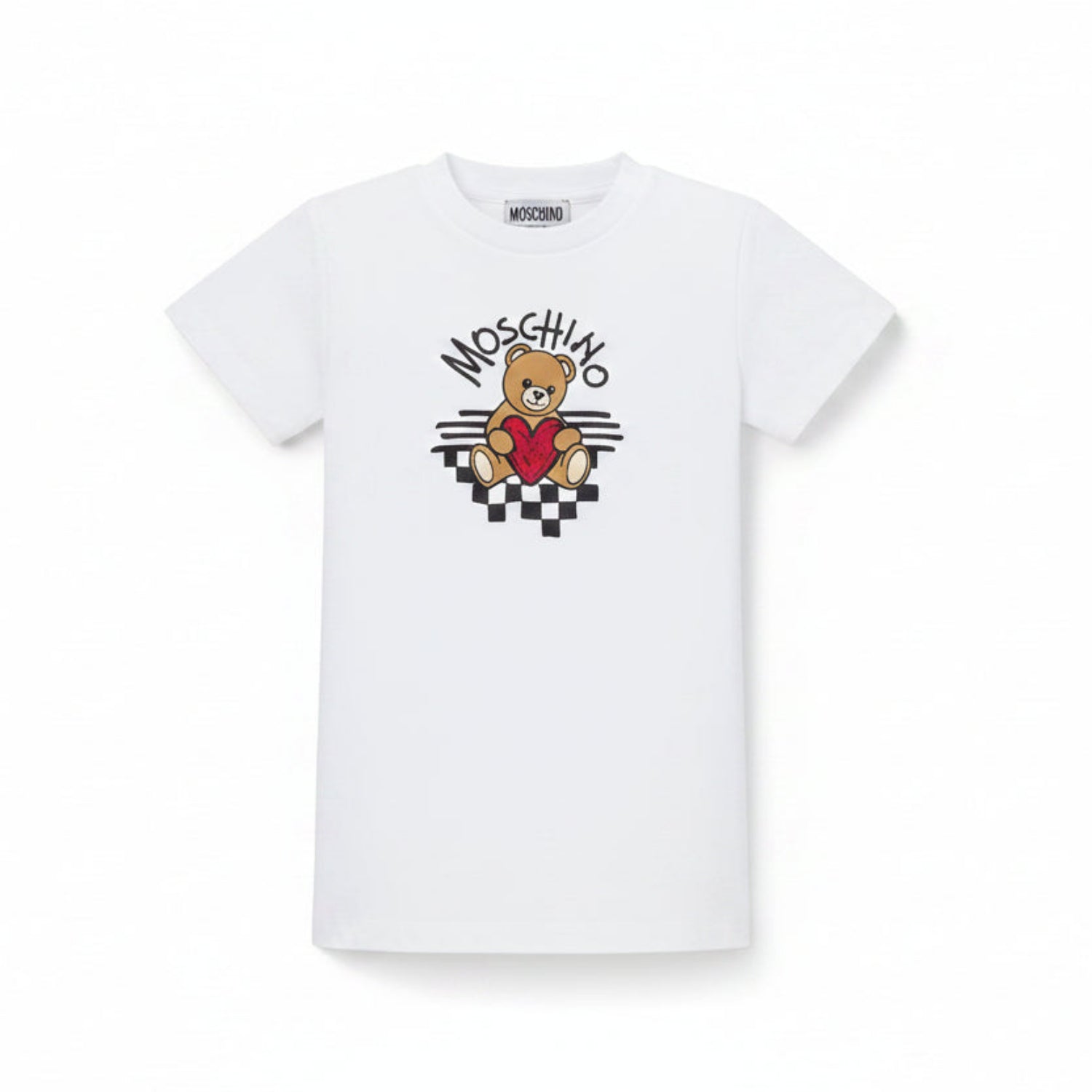 Optical White T-shirt girls by the luxury Italian designer Moschino. Made from soft cotton jersey, it features the bears brand's logo with heart print on the front.