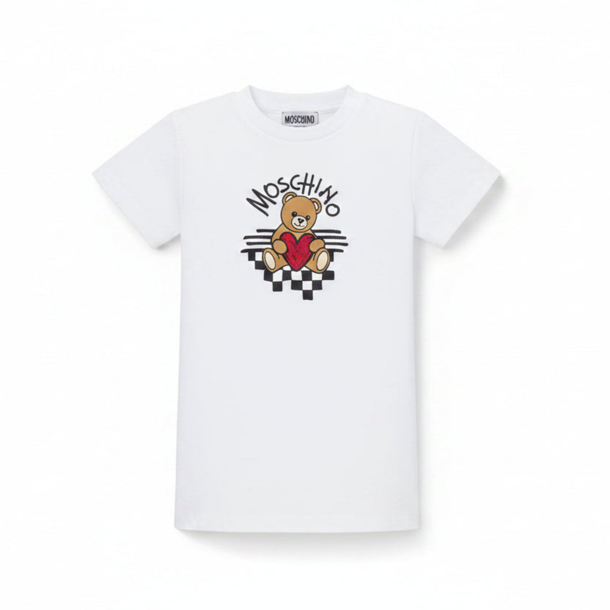 Optical White T-shirt girls by the luxury Italian designer Moschino. Made from soft cotton jersey, it features the bears brand's logo with heart print on the front.