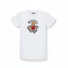 Optical White T-shirt girls by the luxury Italian designer Moschino. Made from soft cotton jersey, it features the bears brand's logo with heart print on the front.