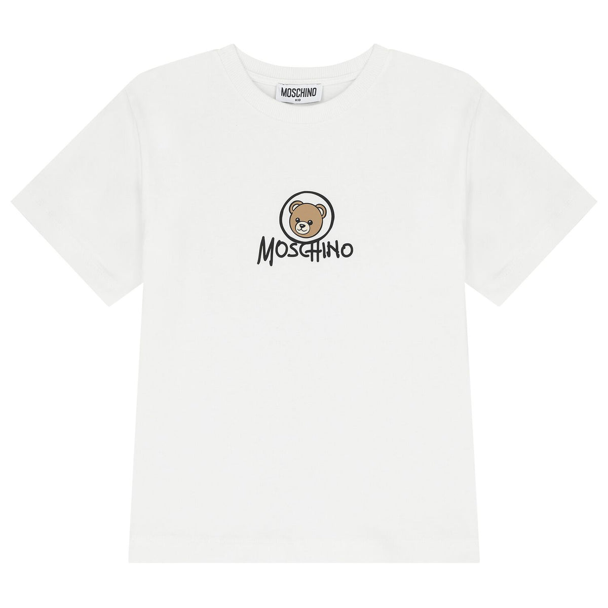 Iconic Moschino teddy bear and logo print brings playful luxury to this soft cotton jersey long sleeve tee. Designed for boys and girls.