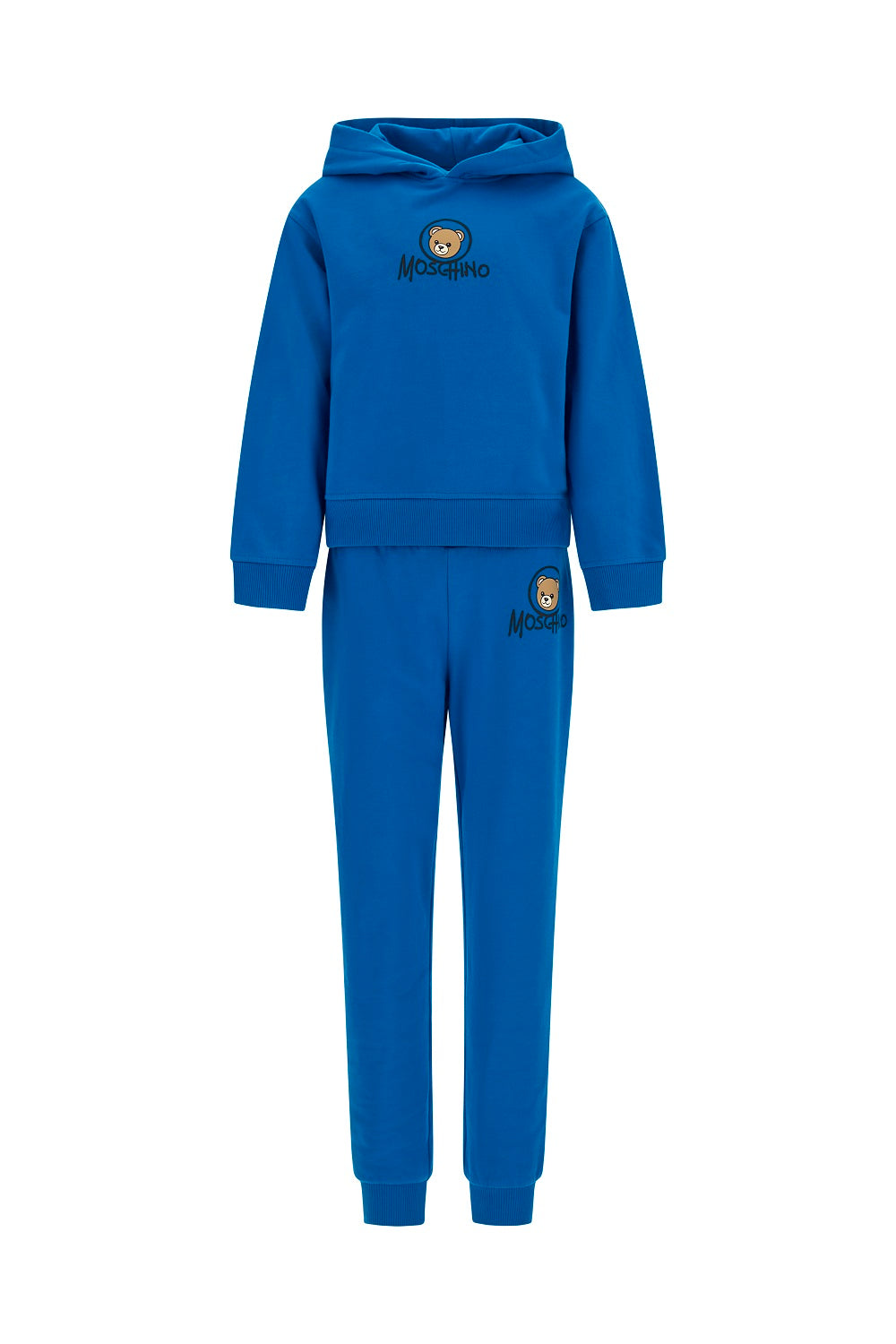 Moschino Kids Hooded Tracksuit in princess blue, featuring the iconic teddy bear and logo print. Soft cotton construction with ribbed trims, elasticated waistband and ankles on jogger trousers. Suitable for boys and girls.