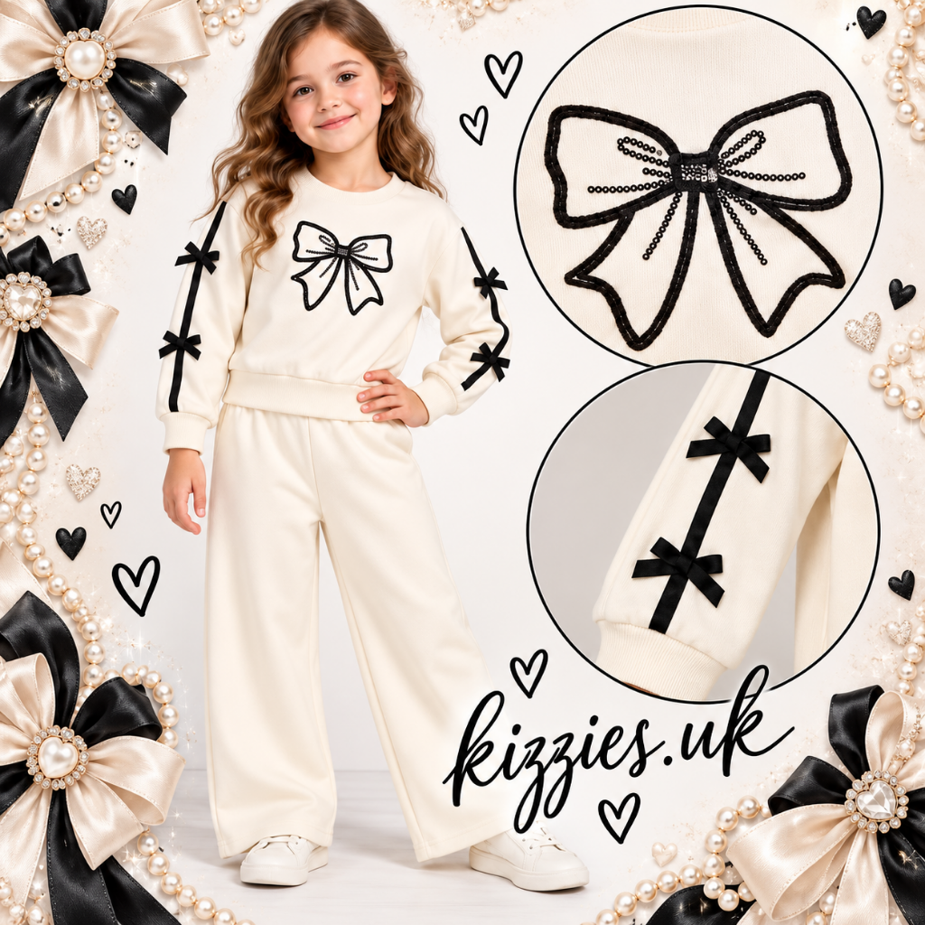 Girls cream-colored two-piece tracksuit featuring black sequin bow embroidery on the chest and bows on sleeves. 