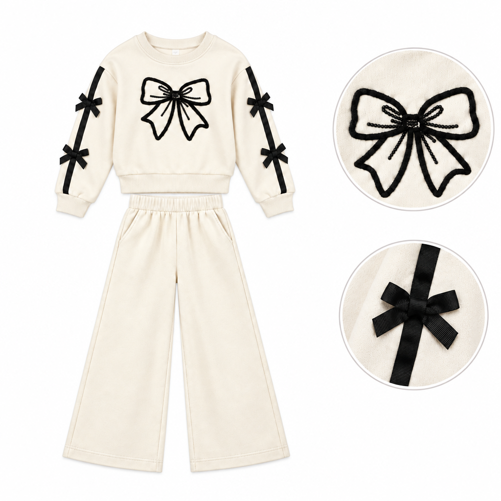 Girls cream-colored two-piece tracksuit featuring black sequin bow embroidery on the chest and bows on sleeves. 