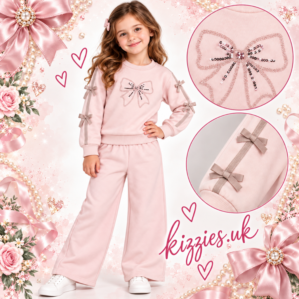 A two-piece girls' sweatshirt and pants set in light pink. The long-sleeve top features a large bow graphic on the chest with sequins and matching pink ribbon bows tied to the sleeves.