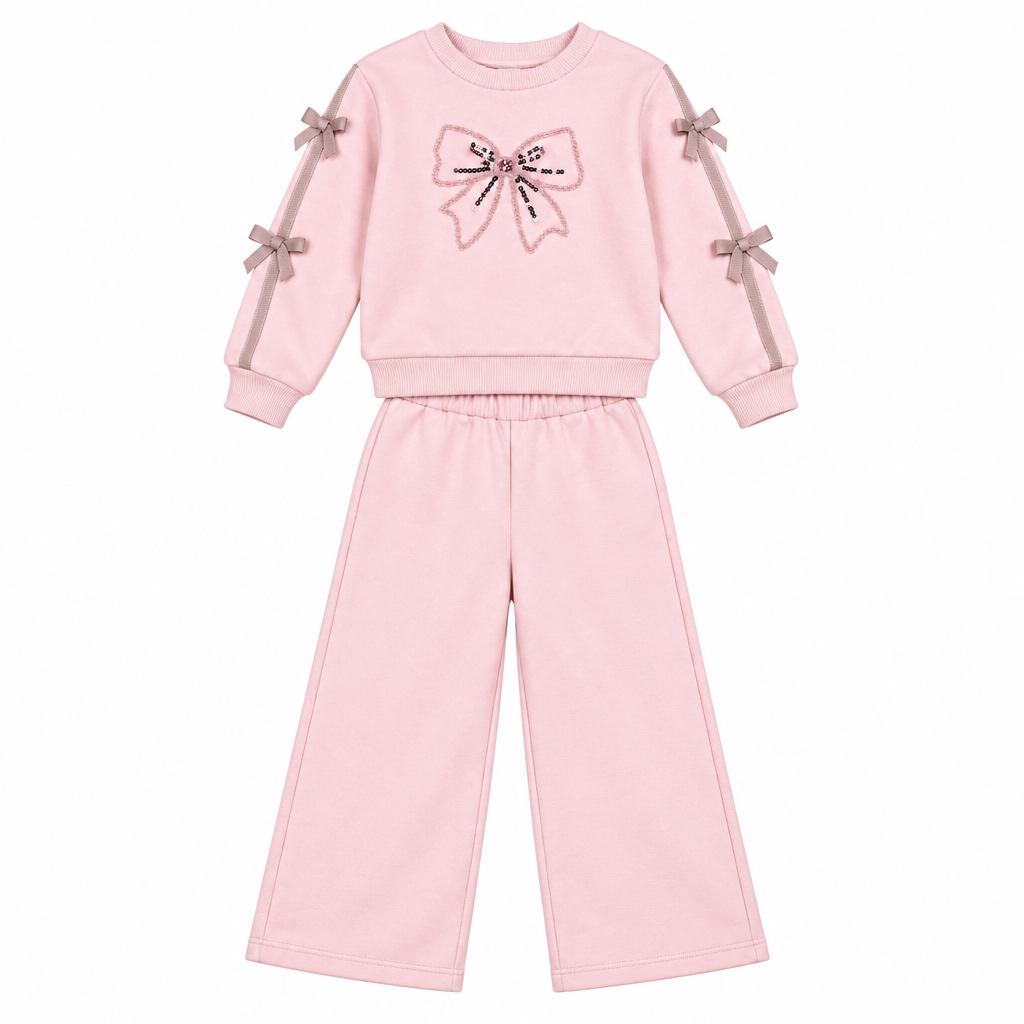 A two-piece girls' sweatshirt and pants set in light pink. The long-sleeve top features a large bow graphic on the chest with sequins and matching pink ribbon bows tied to the sleeves.