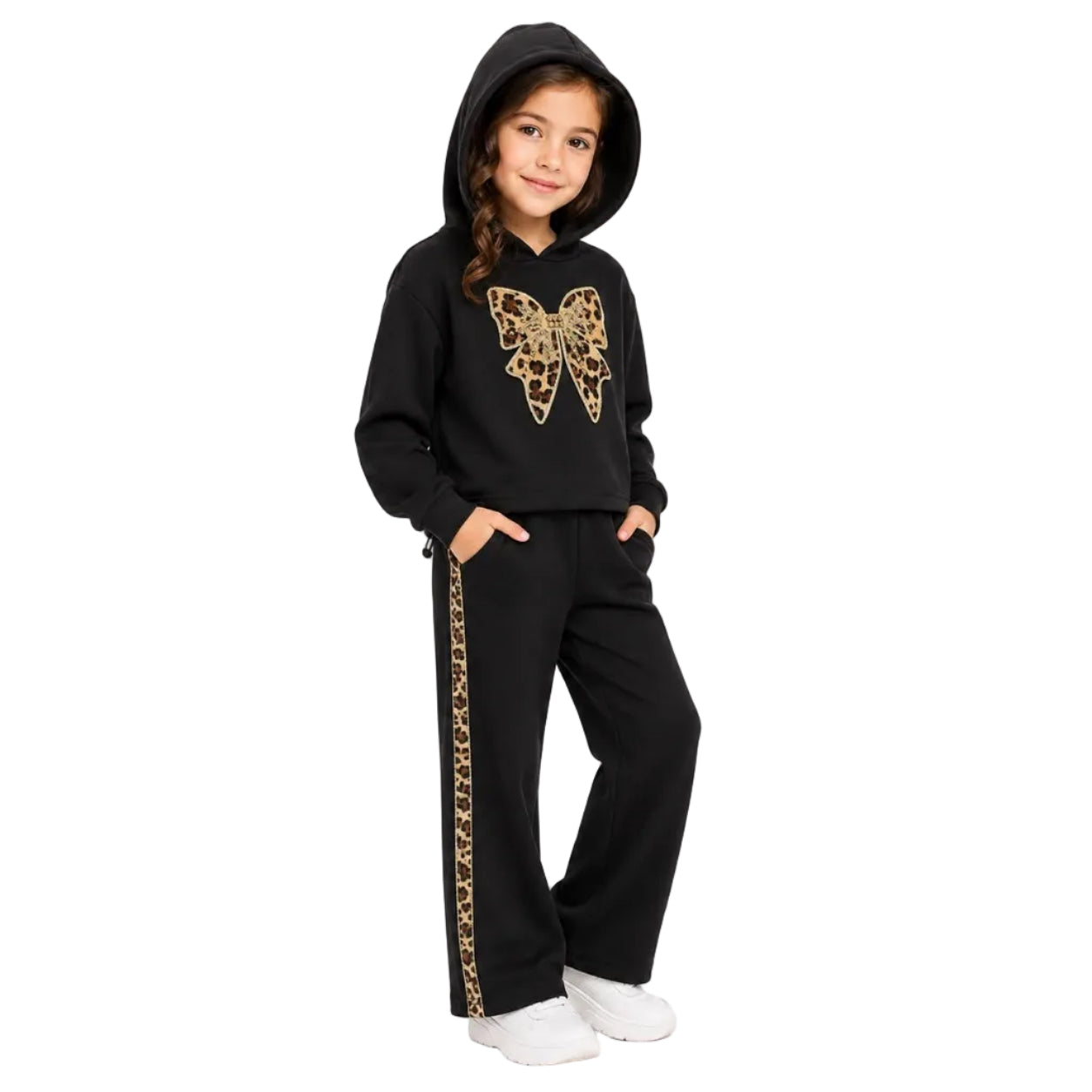 Girls black two-piece tracksuit with leopard print details, featuring a large leopard-print bow on the chest and matching leopard-print side stripes on the pants. 