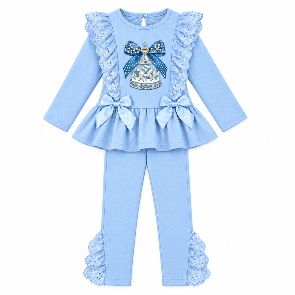 Giorgio Bambini girls light blue two-piece outfit consisting of a long-sleeve ruffled top with a bow and carousel graphic with lace ruffles and matching leggings with lace ruffles cuffs. 
