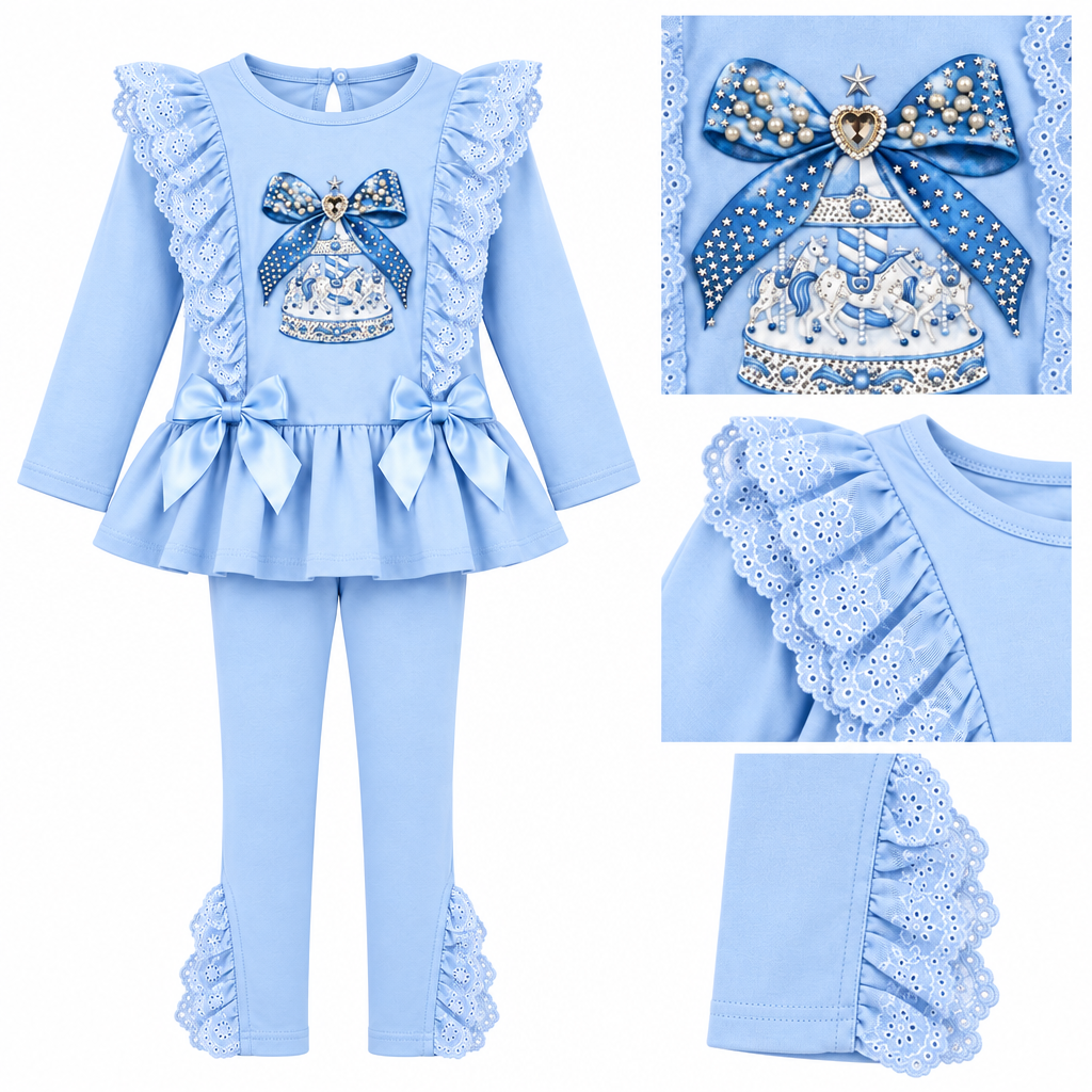 Giorgio Bambini girls light pink two-piece outfit consisting of a long-sleeve ruffled top with a bow and carousel graphic with lace ruffles and matching leggings with lace ruffles cuffs. 