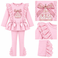 Giorgio Bambini girls pink two-piece outfit consisting of a long-sleeve ruffled top with a bow and carousel graphic with lace ruffles and matching leggings with lace ruffles cuffs.