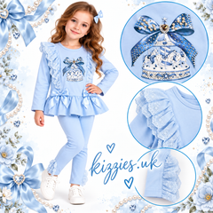 Giorgio Bambini girls blue two-piece outfit consisting of a long-sleeve ruffled top with a bow and carousel graphic with lace ruffles and matching leggings with lace ruffles cuffs.