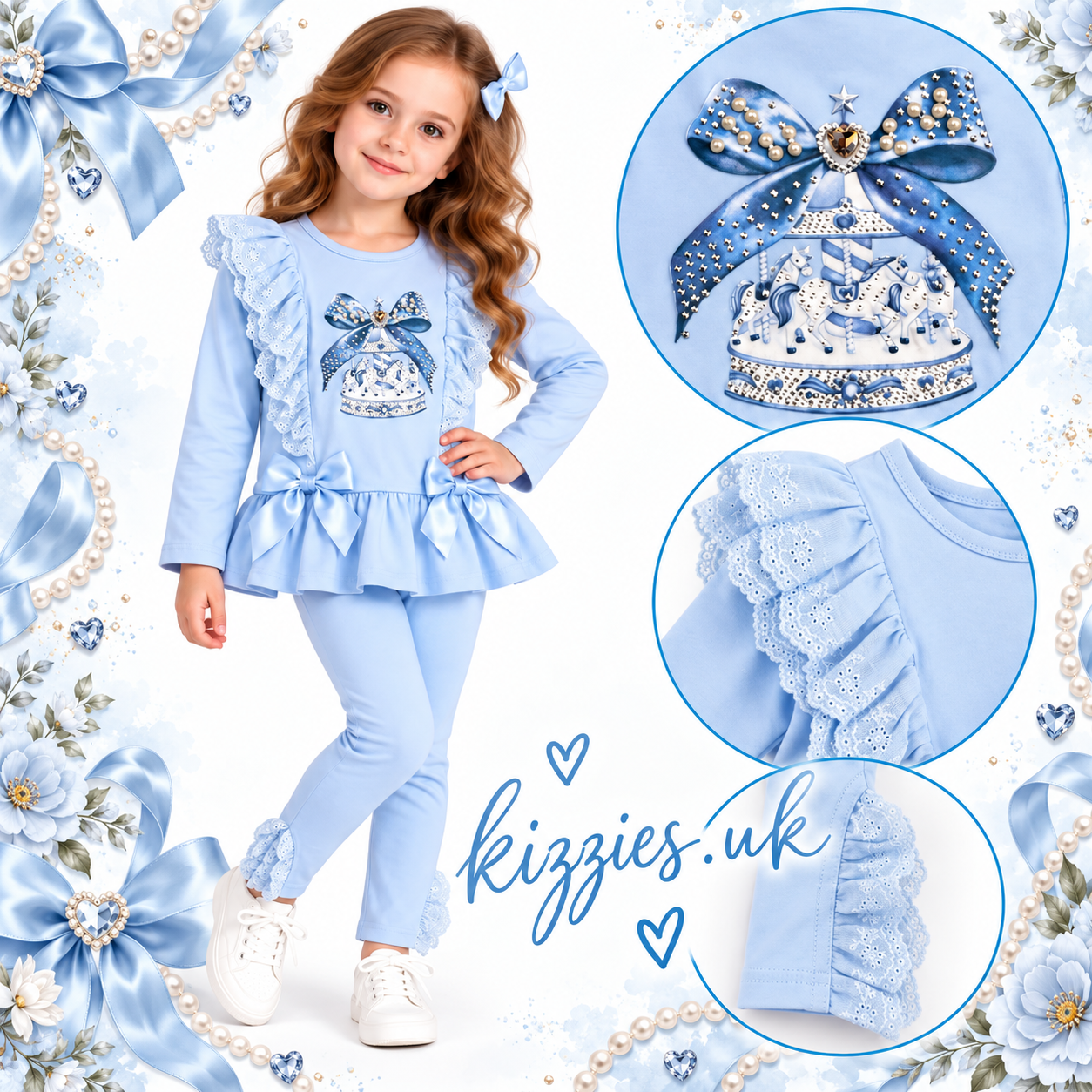 Giorgio Bambini girls pink two-piece outfit consisting of a long-sleeve ruffled top with a bow and carousel graphic with lace ruffles and matching leggings with lace ruffles cuffs.