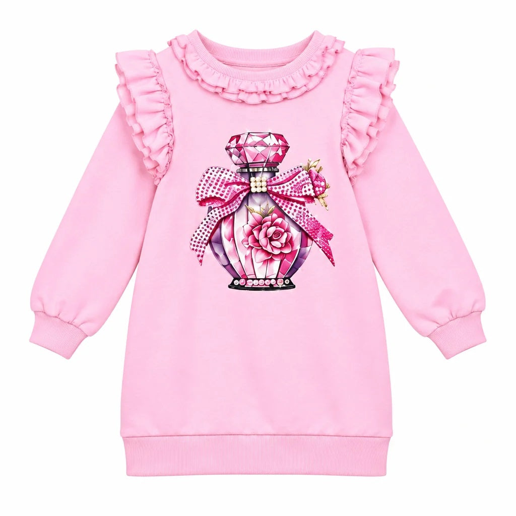 A charming dress from Giorgio Bambini featuring a perfume bottle design embellished with diamante detailing. Delicate pearl and ruffles add elegance.