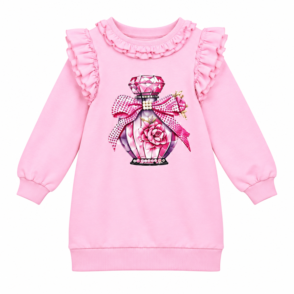 A charming dress from Giorgio Bambini featuring a perfume bottle design embellished with diamante detailing. Delicate pearl and ruffles add elegance.