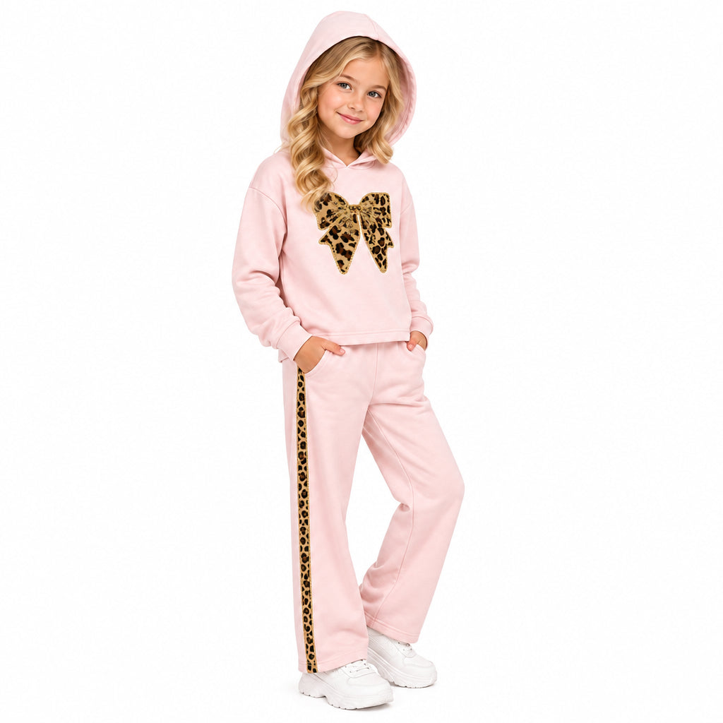 Girls light pink two-piece hooded  tracksuit with sequined leopard-print butterfly details on the chest and leopard print down the pant leg.
