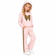Girls light pink two-piece hooded  tracksuit with sequined leopard-print butterfly details on the chest and leopard print down the pant leg.