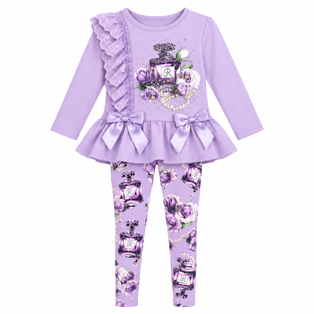 A charming lilac lace peplum top with matching print leggings from Giorgio Bambini featuring perfume design embellished with diamante detailing. Delicate pearl and lace ruffles add eleganc