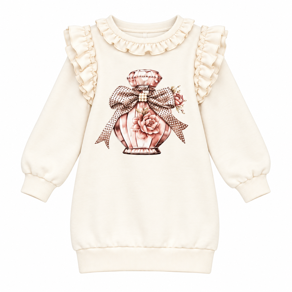 A charming dress from Giorgio Bambini featuring a perfume bottle design embellished with diamante detailing. Delicate pearl and ruffles add elegance.