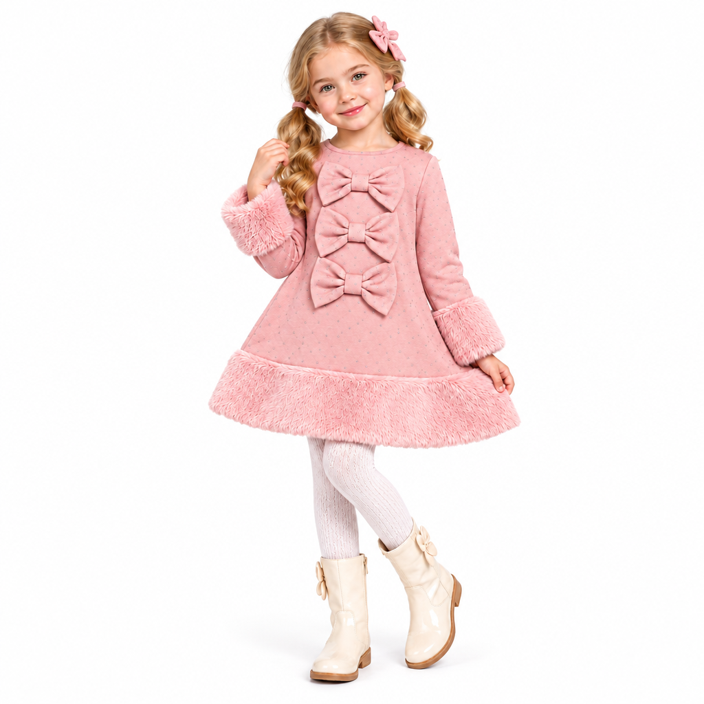Girls Pink diamante dress featuring three decorative diamante bows with faux fur trims adds elegance for a charming, party-ready look. Perfect for special occasions with a touch of glamour.
