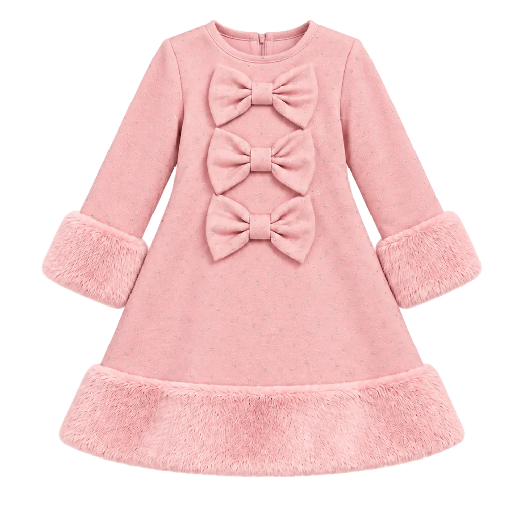 Girls Pink diamante dress featuring three decorative diamante bows with faux fur trims adds elegance for a charming, party-ready look. Perfect for special occasions with a touch of glamour.