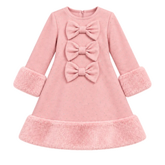 Girls Pink diamante dress featuring three decorative diamante bows with faux fur trims adds elegance for a charming, party-ready look. Perfect for special occasions with a touch of glamour.