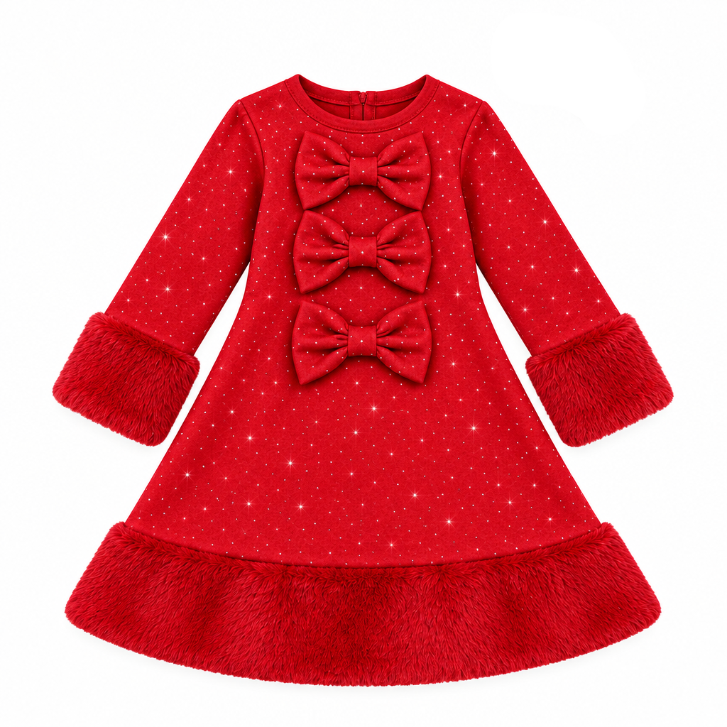 Girls Red diamante dress featuring three decorative diamante bows with faux fur trims adds elegance for a charming, party-ready look. Perfect for special occasions with a touch of glamour.