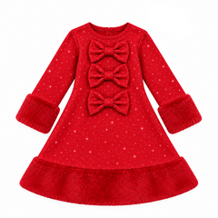 Girls Red diamante dress featuring three decorative diamante bows with faux fur trims adds elegance for a charming, party-ready look. Perfect for special occasions with a touch of glamour.