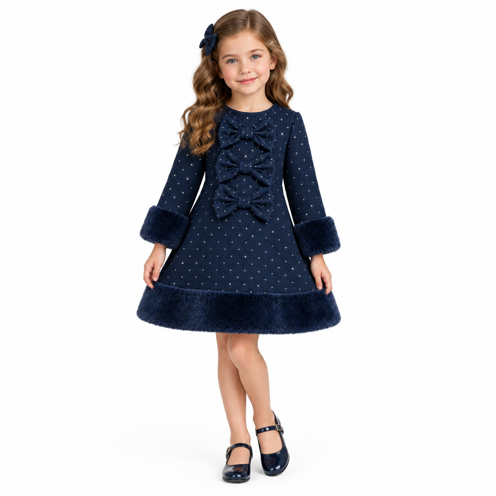 Girls&nbsp;Navy diamante dress featuring three decorative diamante bows with faux fur trims adds elegance for a charming, party-ready look. Perfect for special occasions with a touch of glamour.