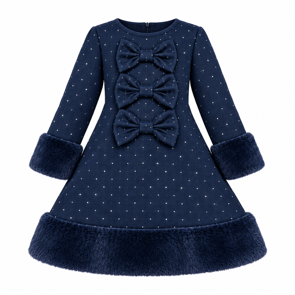 A navy blue long-sleeve navy blue diamante dress for toddlers  and girls featuring three large decorative diamante  bows on the front, and plush faux-fur trim on the cuffs and hem.